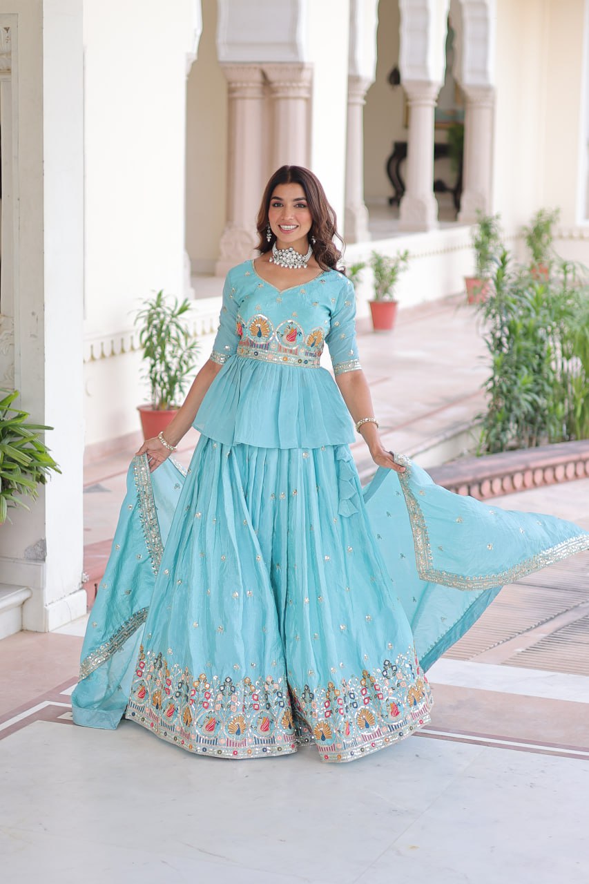 Sky Premium Sequins Embroidered Readymade Lehenga Choli With Dupatta