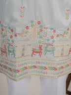 Light Sky Soft Silk Thread Embroidered Mens Kurta Set