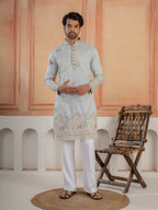 Light Sky Soft Silk Thread Embroidered Mens Kurta Set