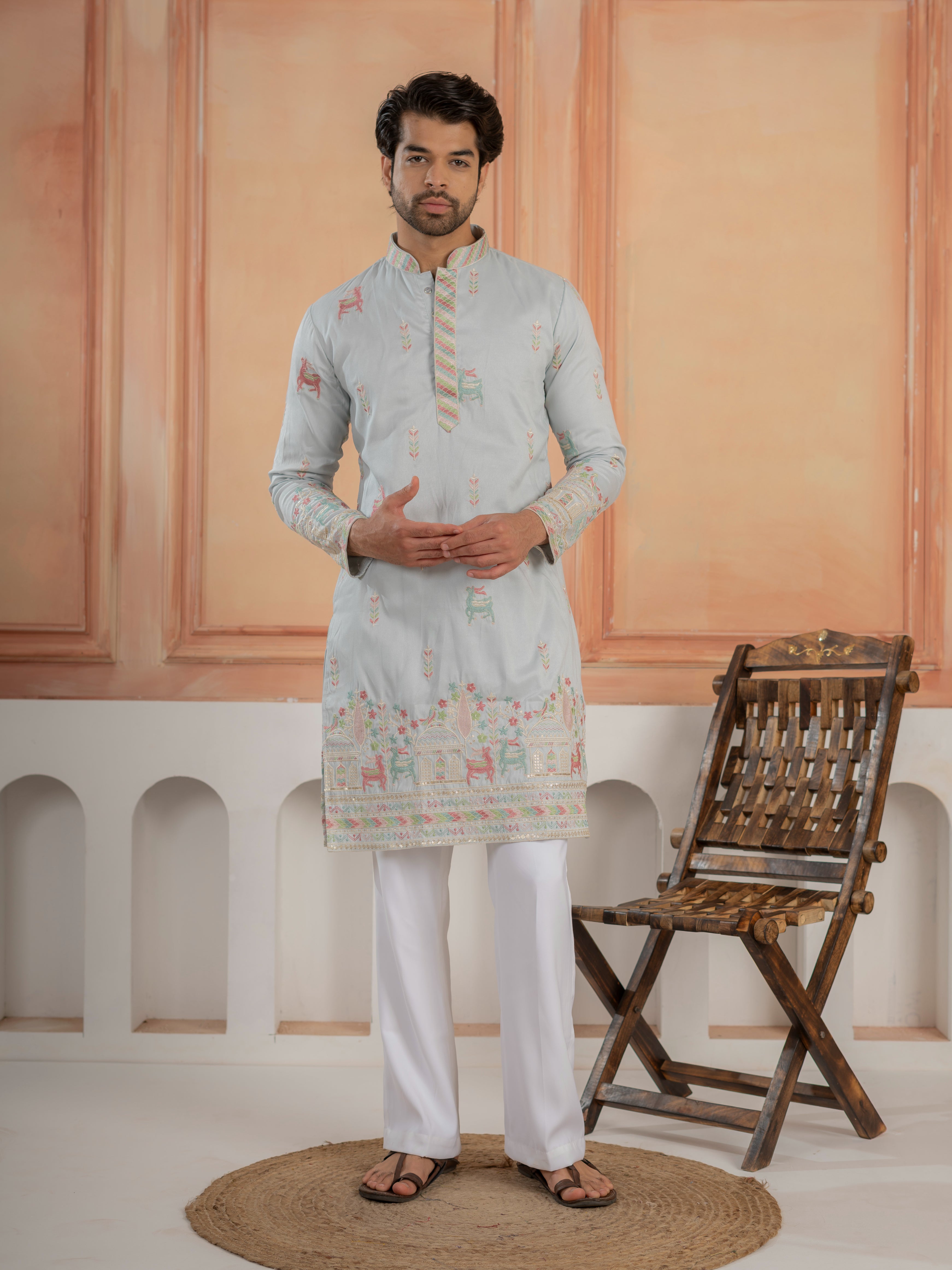 Light Sky Soft Silk Thread Embroidered Mens Kurta Set