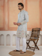 Light Sky Soft Silk Thread Embroidered Mens Kurta Set