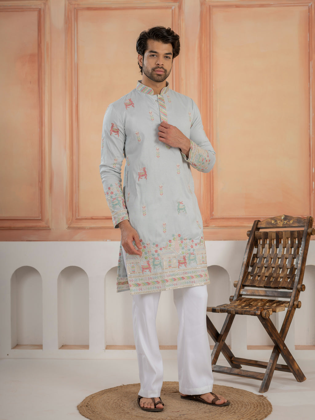 Light Sky Soft Silk Thread Embroidered Mens Kurta Set
