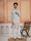 Light Sky Soft Silk Thread Embroidered Mens Kurta Set
