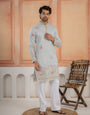 Light Sky Soft Silk Thread Embroidered Mens Kurta Set