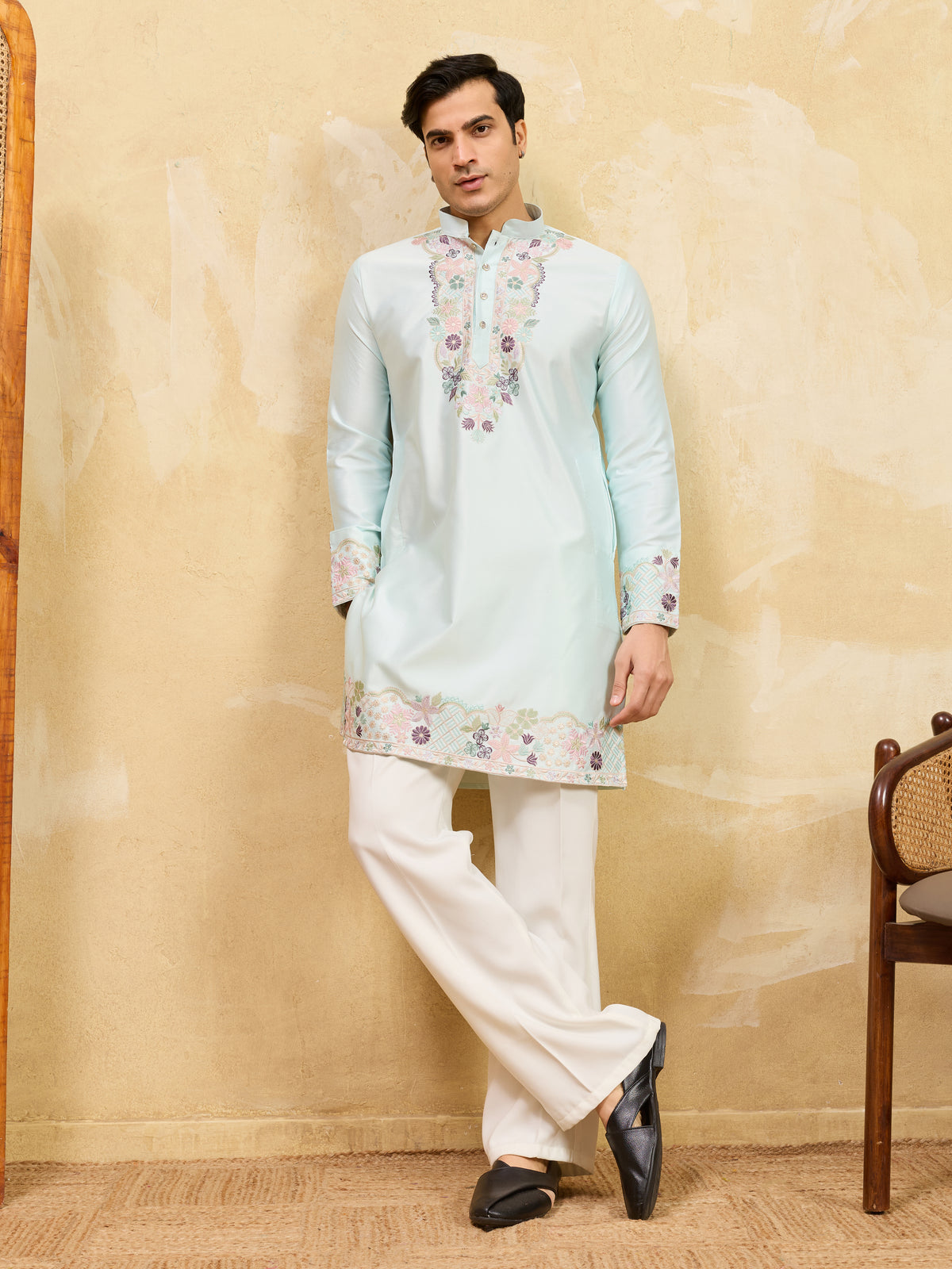 Elegant Sky Viscose Silk Thread Work Kurta Set For Special Occasion
