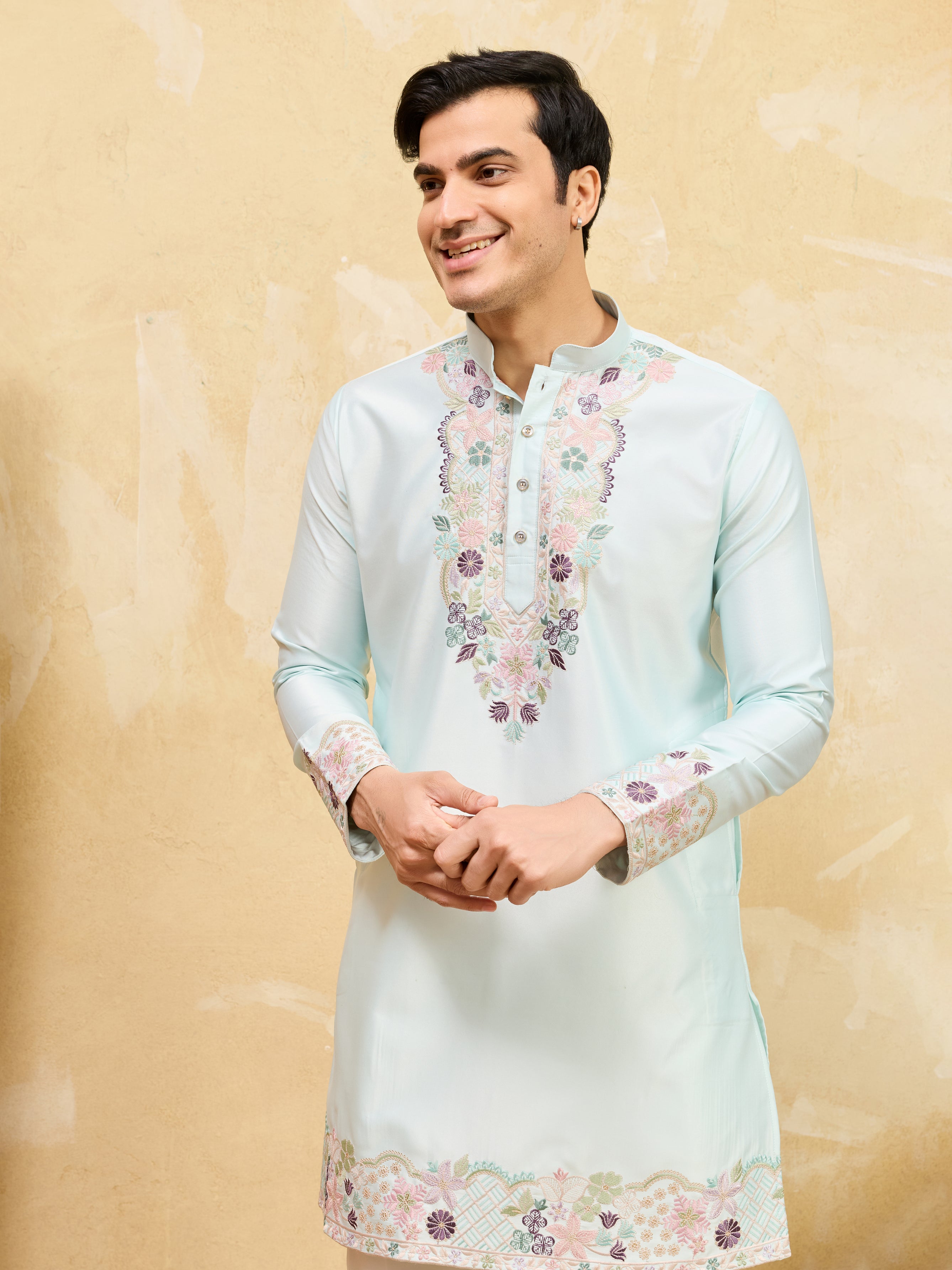 Elegant Sky Viscose Silk Thread Work Kurta Set For Special Occasion

