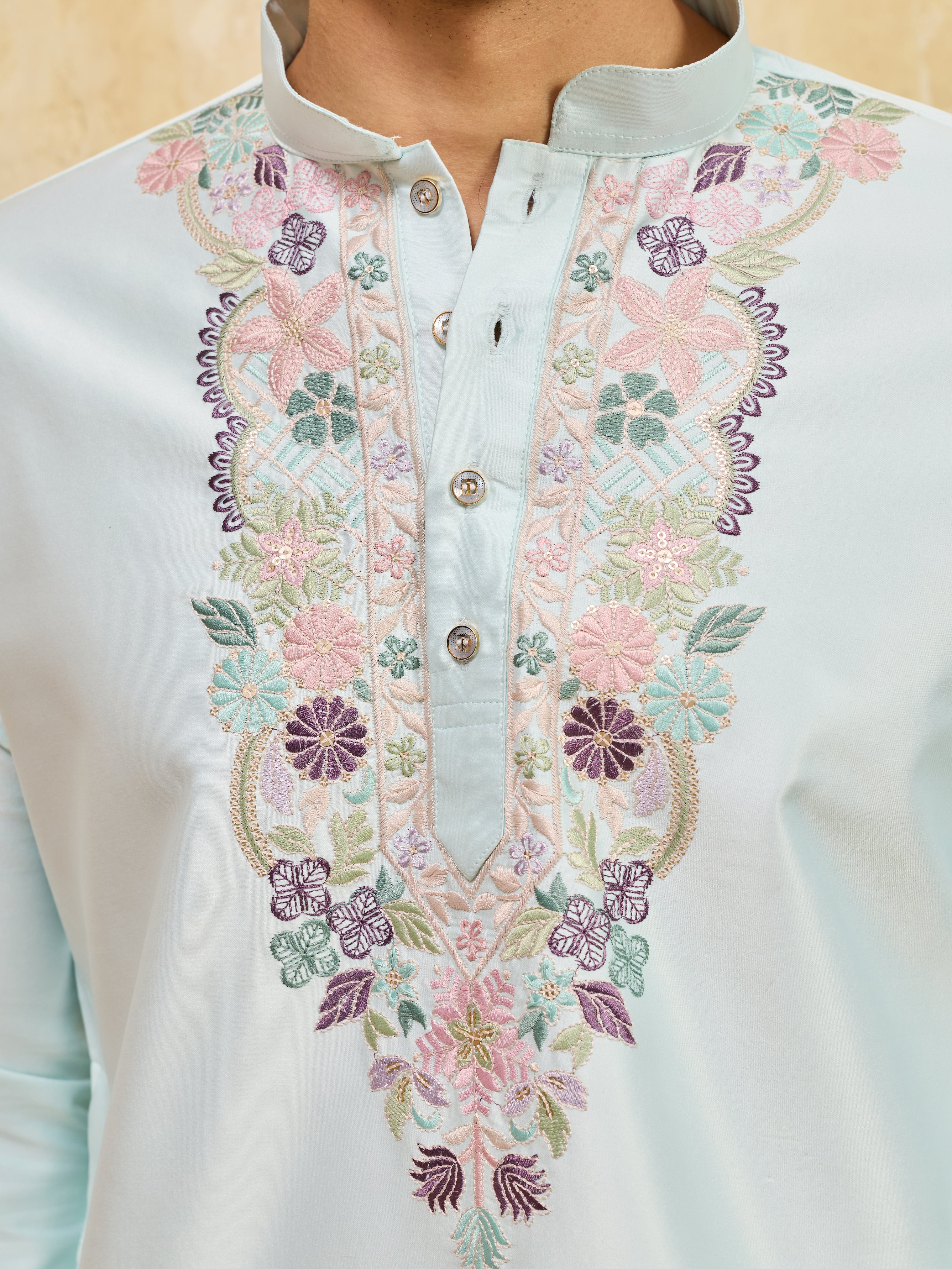 Elegant Sky Viscose Silk Thread Work Kurta Set For Special Occasion
