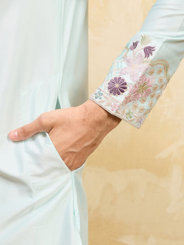 Elegant Sky Viscose Silk Thread Work Kurta Set For Special Occasion
