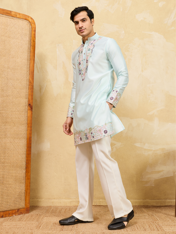 Elegant Sky Viscose Silk Thread Work Kurta Set For Special Occasion
