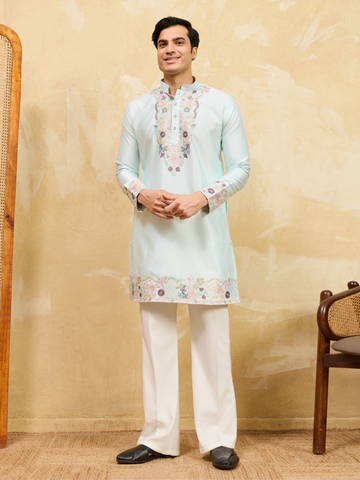 Elegant Sky Viscose Silk Thread Work Kurta Set For Special Occasion
