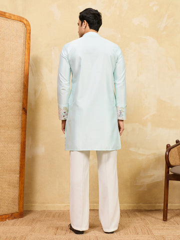 Elegant Sky Viscose Silk Thread Work Kurta Set For Special Occasion
