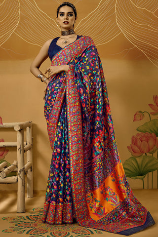 Lustrous Navy Blue Pashmina Saree With Sempiternal Blouse Piece