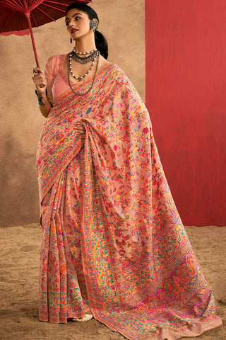 Delectable Peach Pashmina Saree With Panache Blouse Piece