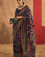 Brood Navy Blue Pashmina Saree With Demesne Blouse Piece