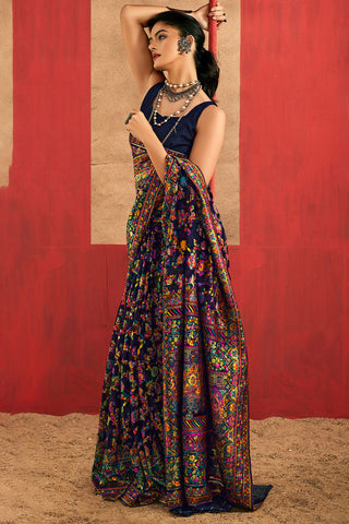 Brood Navy Blue Pashmina Saree With Demesne Blouse Piece
