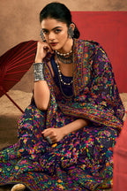 Brood Navy Blue Pashmina Saree With Demesne Blouse Piece