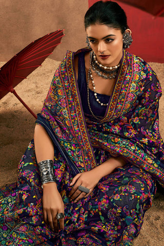 Brood Navy Blue Pashmina Saree With Demesne Blouse Piece