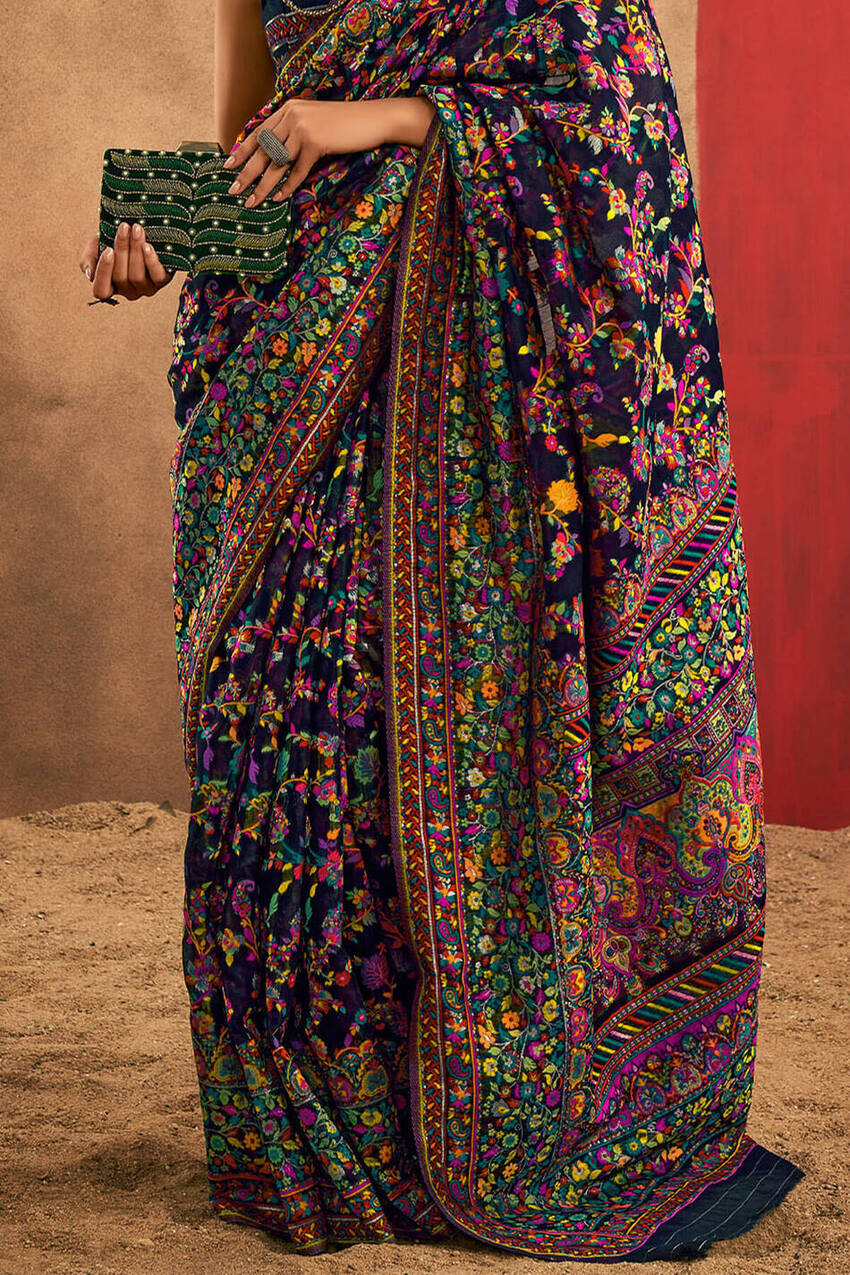 Brood Navy Blue Pashmina Saree With Demesne Blouse Piece