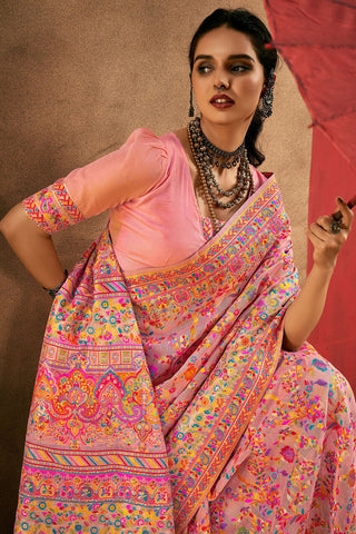 Desiring Pink Pashmina Saree With Mesmeric Blouse Piece
