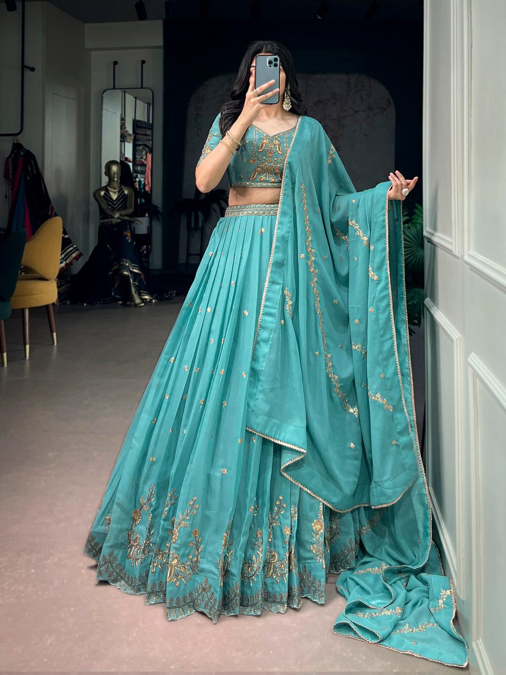 Luxury Star Georgette Zari Sequins Embroidered Lehenga Choli

