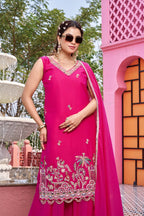 Elegant Star Georgette Kurti Palazzo Set with Embroidered Dupatta