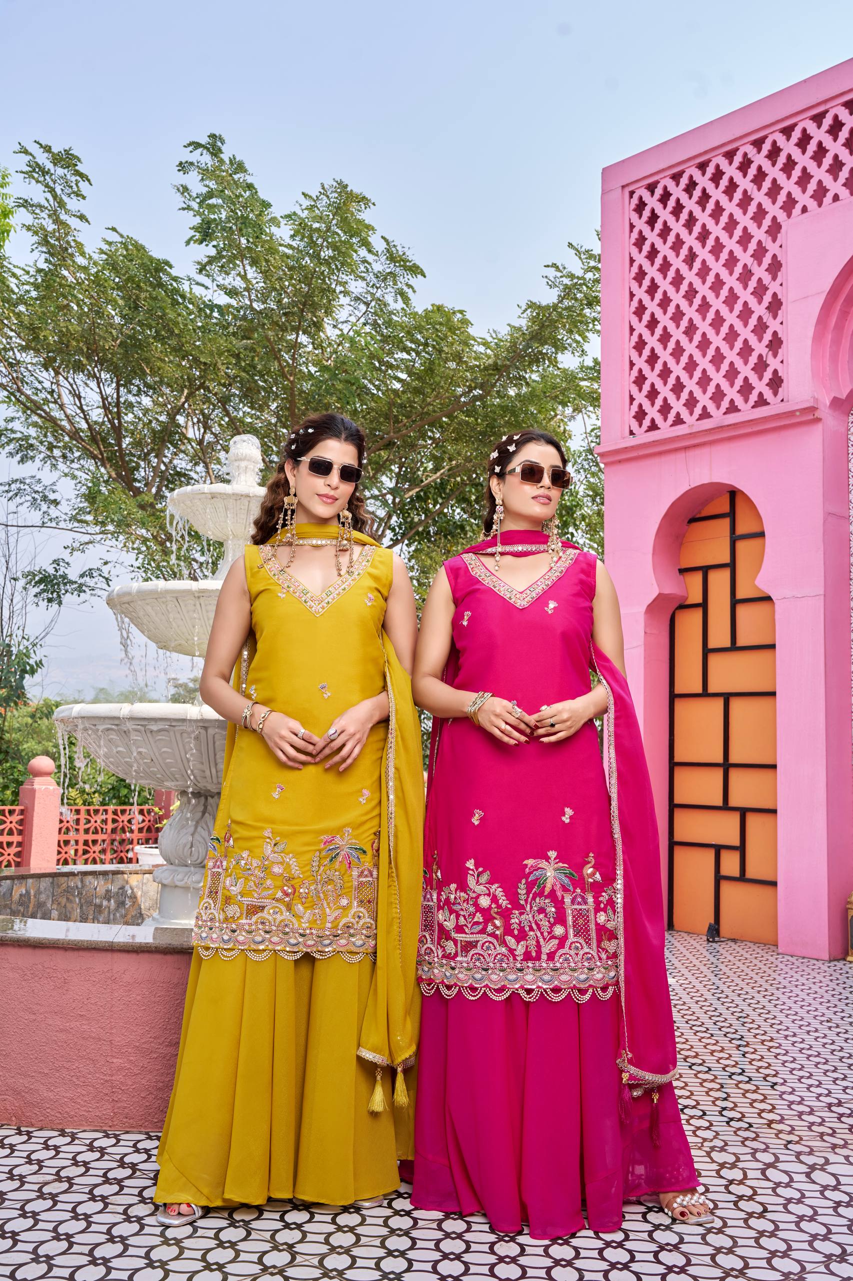 Elegant Star Georgette Kurti Palazzo Set with Embroidered Dupatta