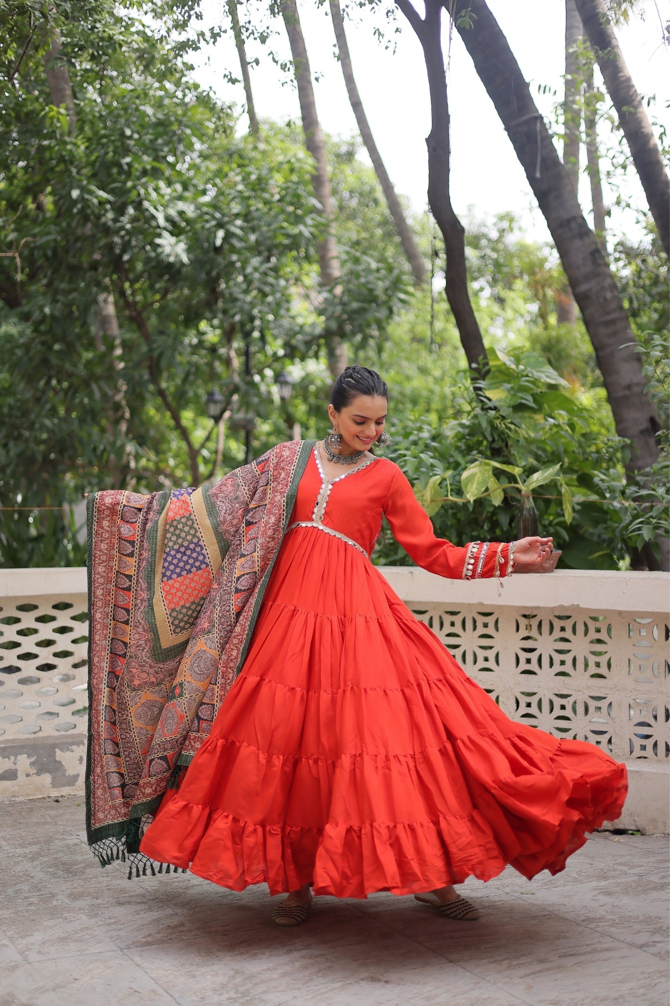 Beautiful Frill Stitching Designer Festival And Wedding Gown And Dupatta Set