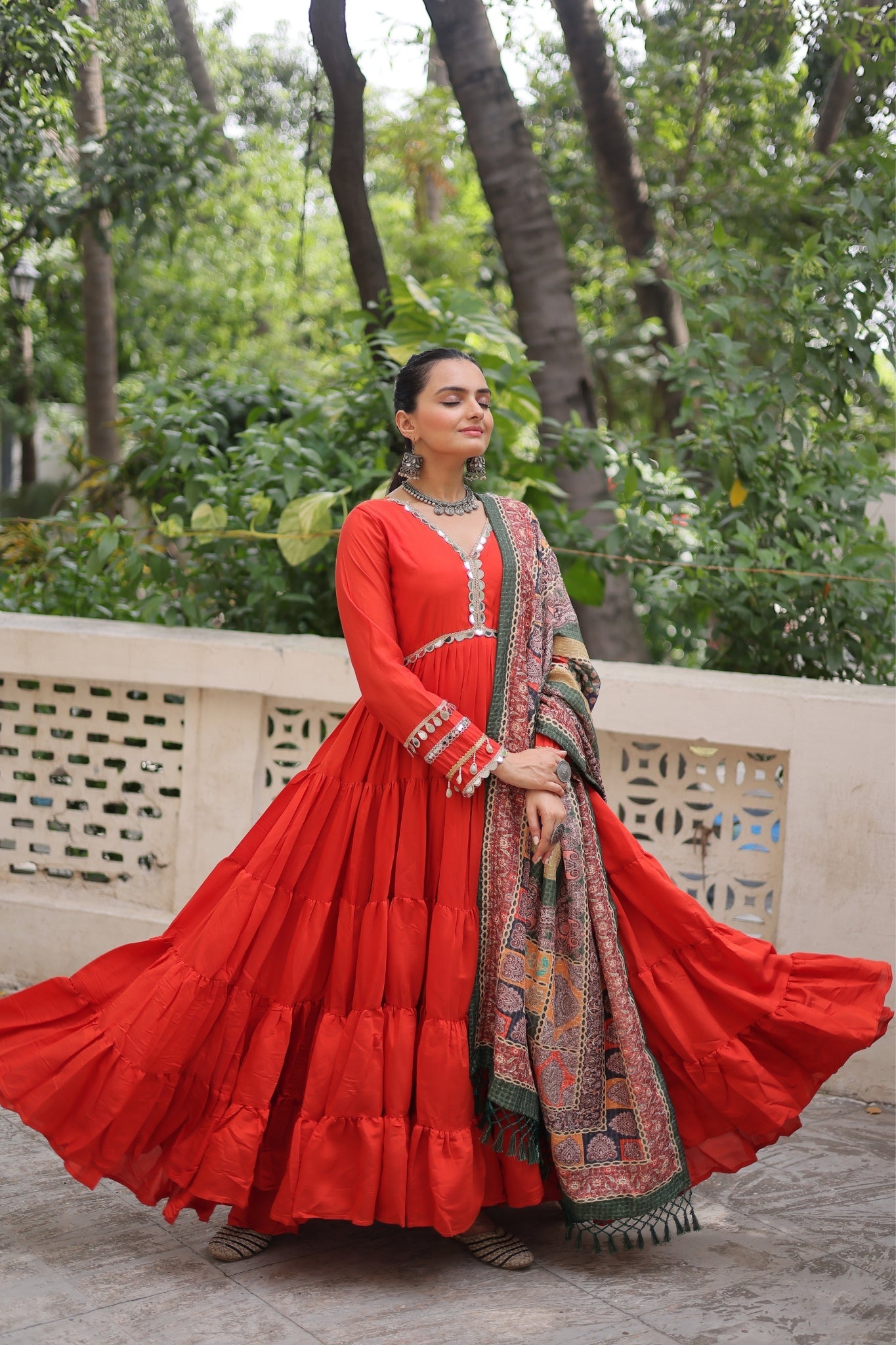 Beautiful Frill Stitching Designer Festival And Wedding Gown And Dupatta Set