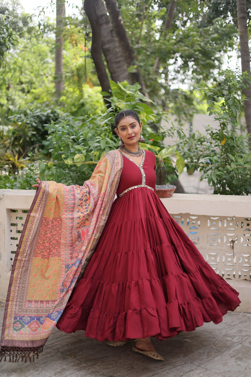 Beautiful Frill Stitching Designer Festival And Wedding Gown And Dupatta Set