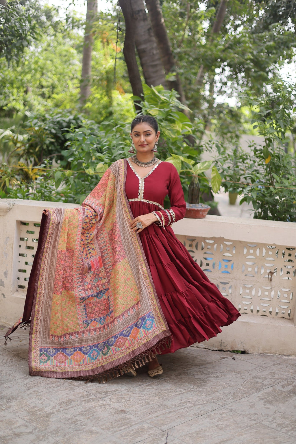 Beautiful Frill Stitching Designer Festival And Wedding Gown And Dupatta Set