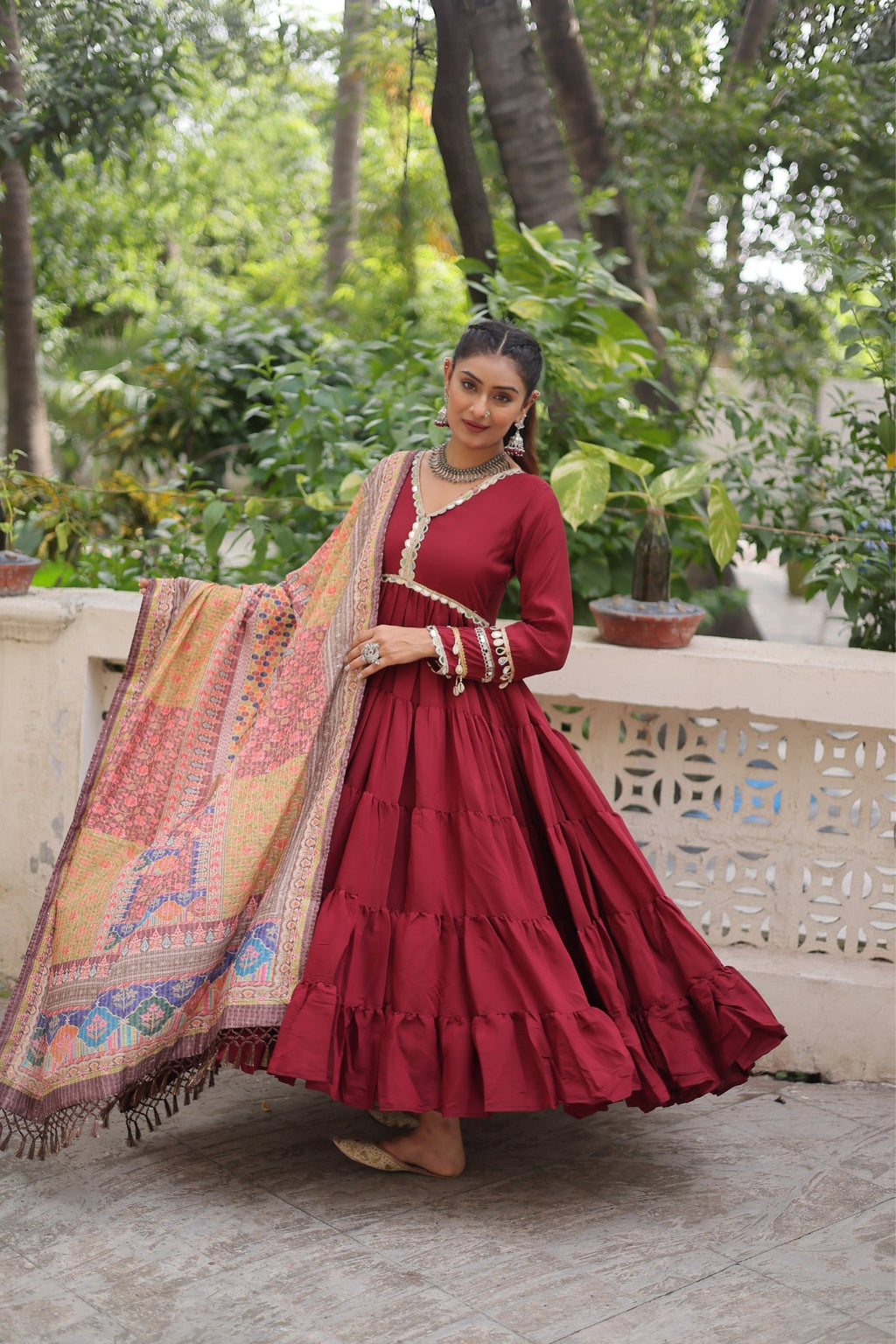 Beautiful Frill Stitching Designer Festival And Wedding Gown And Dupatta Set