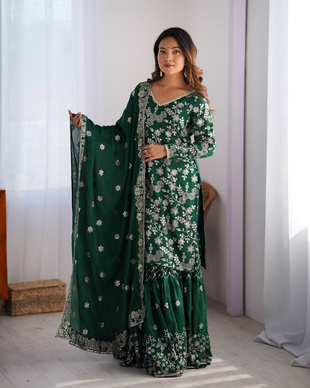 Stunning Chinon Silk with thread & Sequence work Sharara Suit Set
