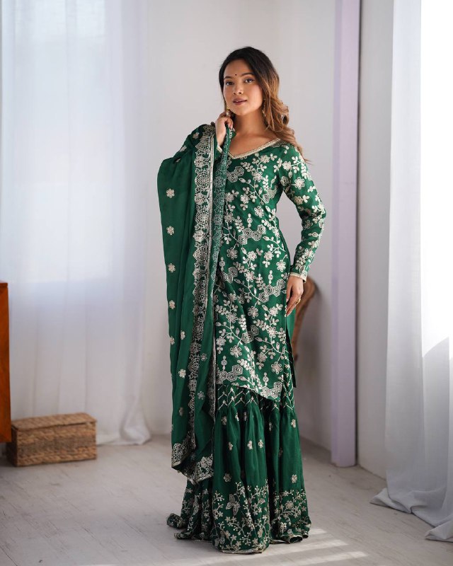 Stunning Chinon Silk with thread & Sequence work Sharara Suit Set
