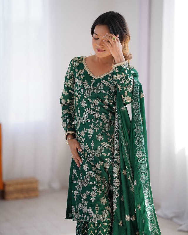 Stunning Chinon Silk with thread & Sequence work Sharara Suit Set
