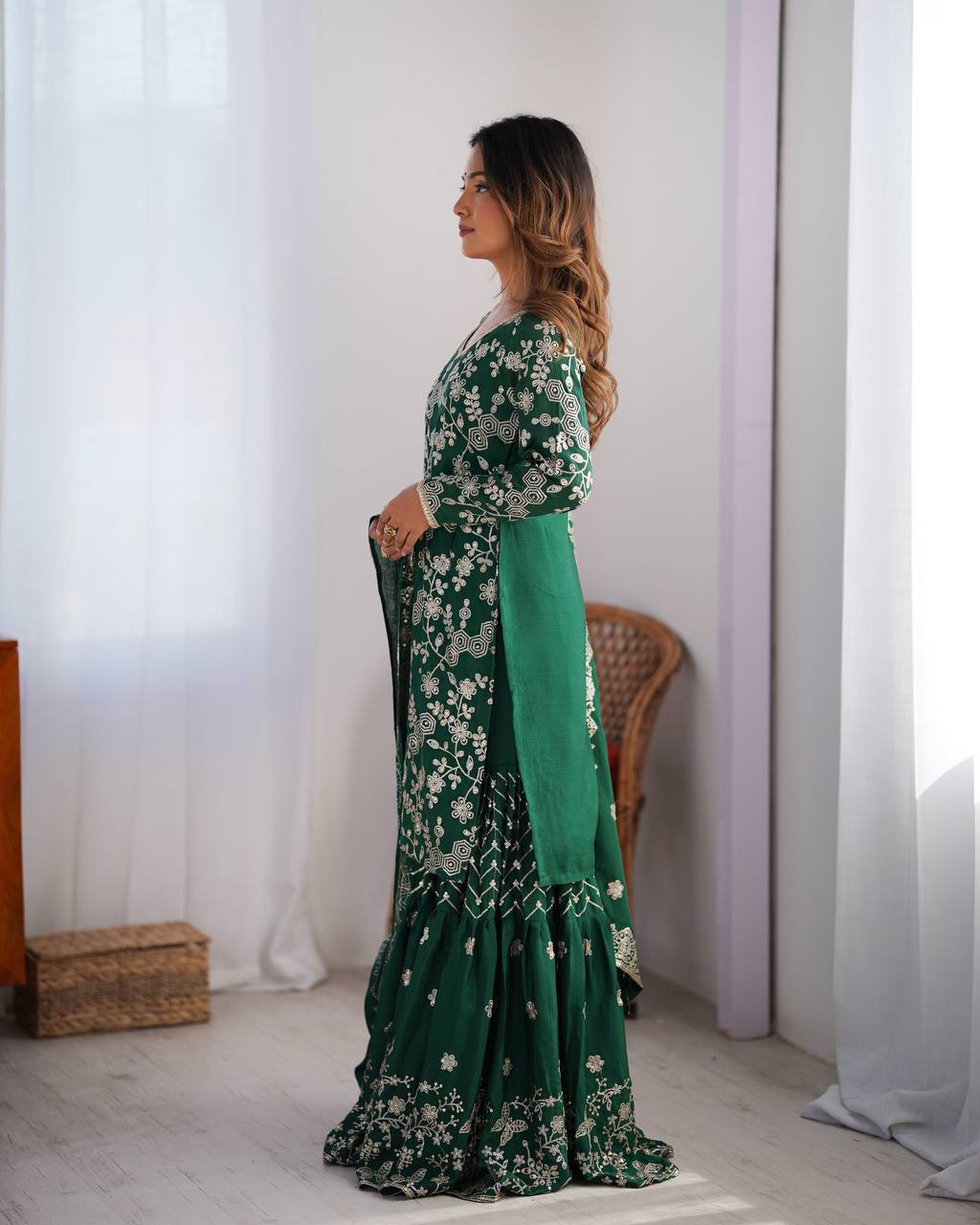 Stunning Chinon Silk with thread & Sequence work Sharara Suit Set
