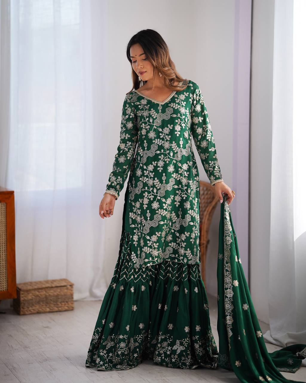 Stunning Chinon Silk with thread & Sequence work Sharara Suit Set
