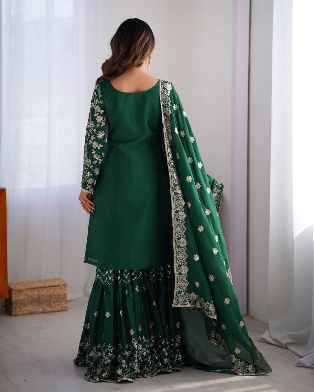 Stunning Chinon Silk with thread & Sequence work Sharara Suit Set
