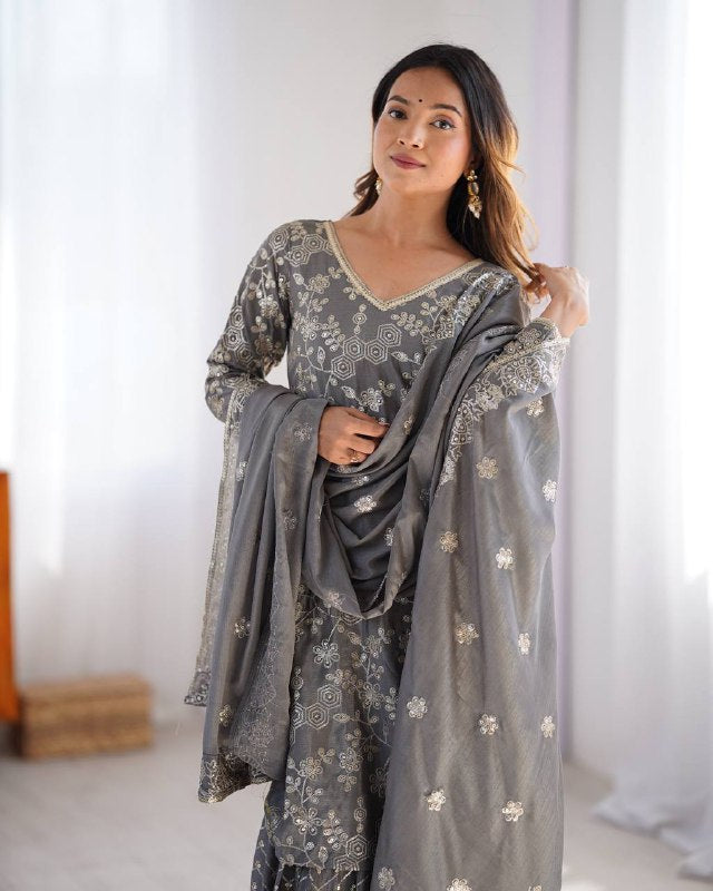 Stunning Chinon Silk with thread & Sequence work Sharara Suit Set

