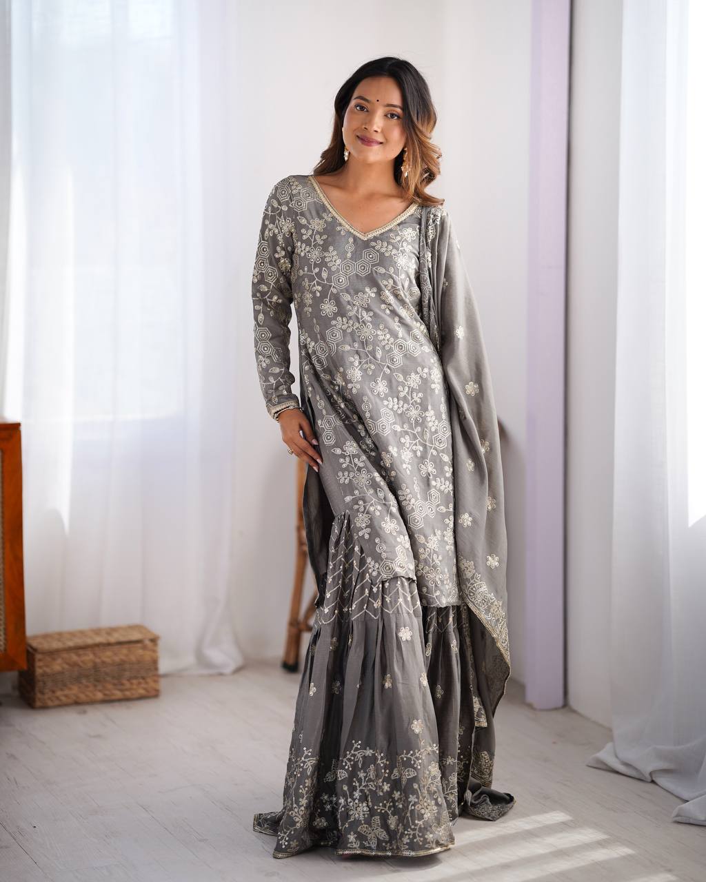 Stunning Chinon Silk with thread & Sequence work Sharara Suit Set
