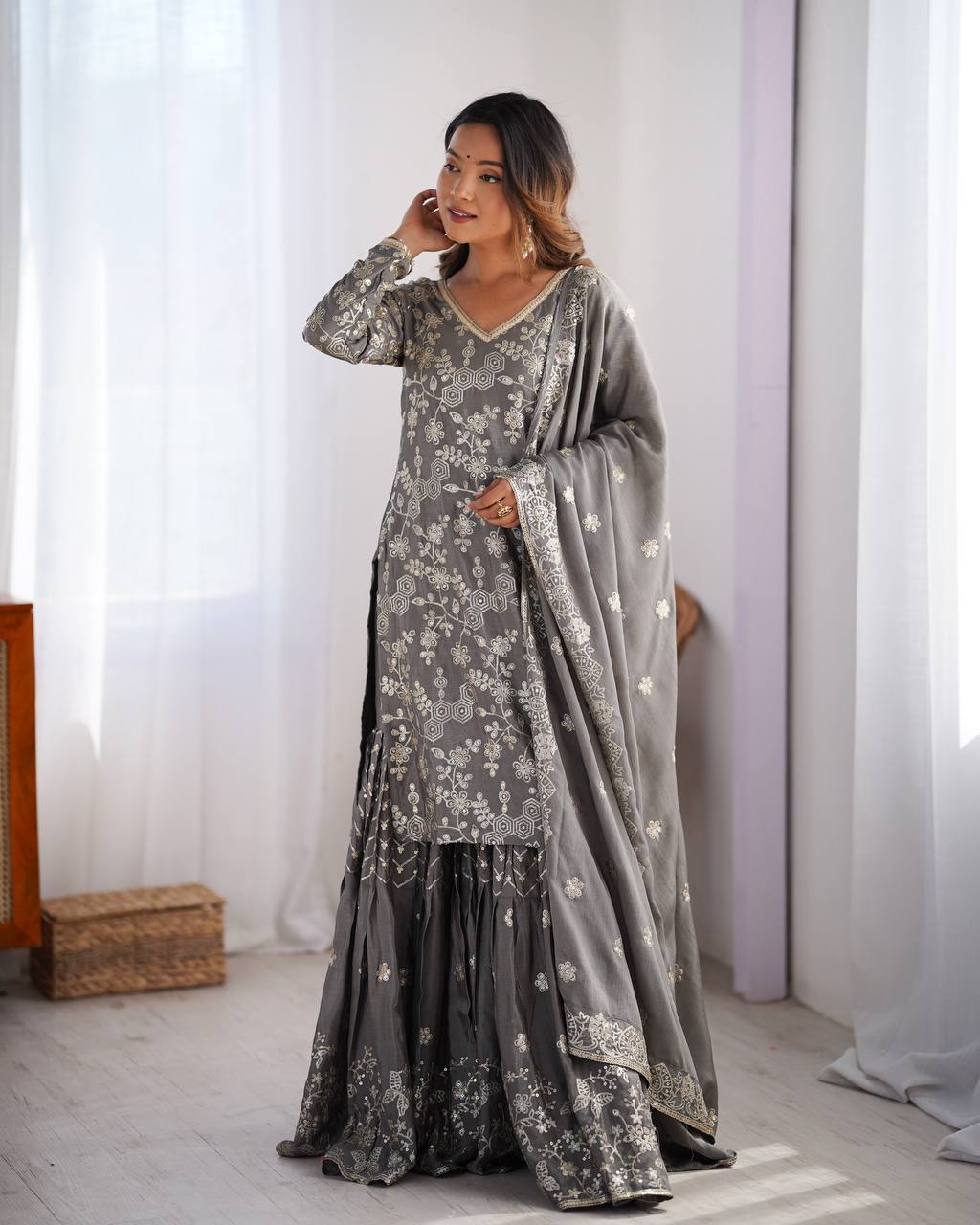 Stunning Chinon Silk with thread & Sequence work Sharara Suit Set
