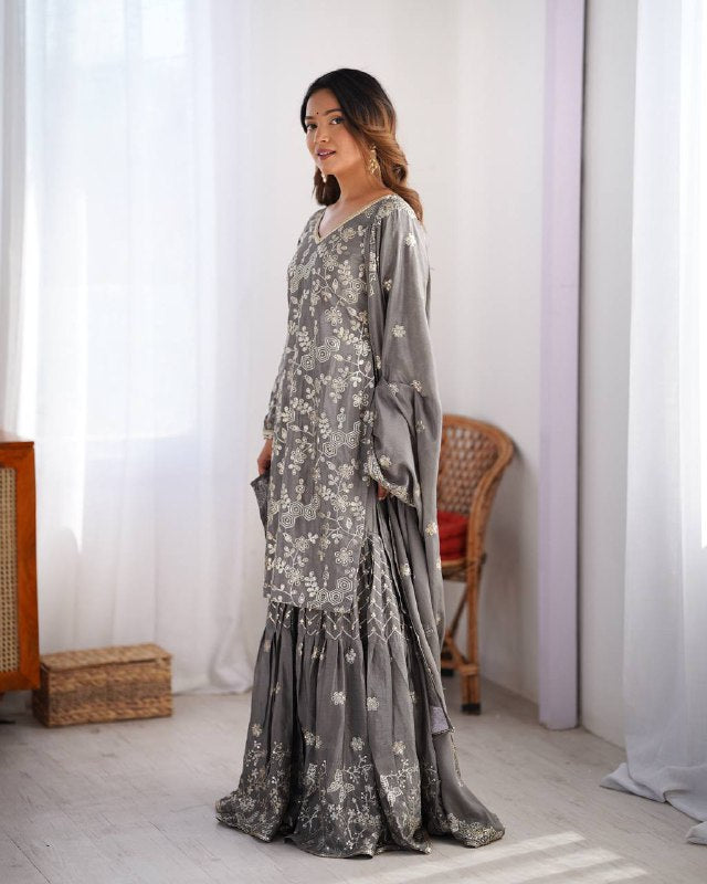 Stunning Chinon Silk with thread & Sequence work Sharara Suit Set
