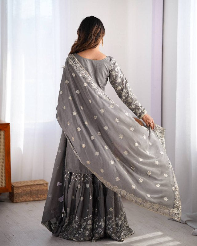 Stunning Chinon Silk with thread & Sequence work Sharara Suit Set
