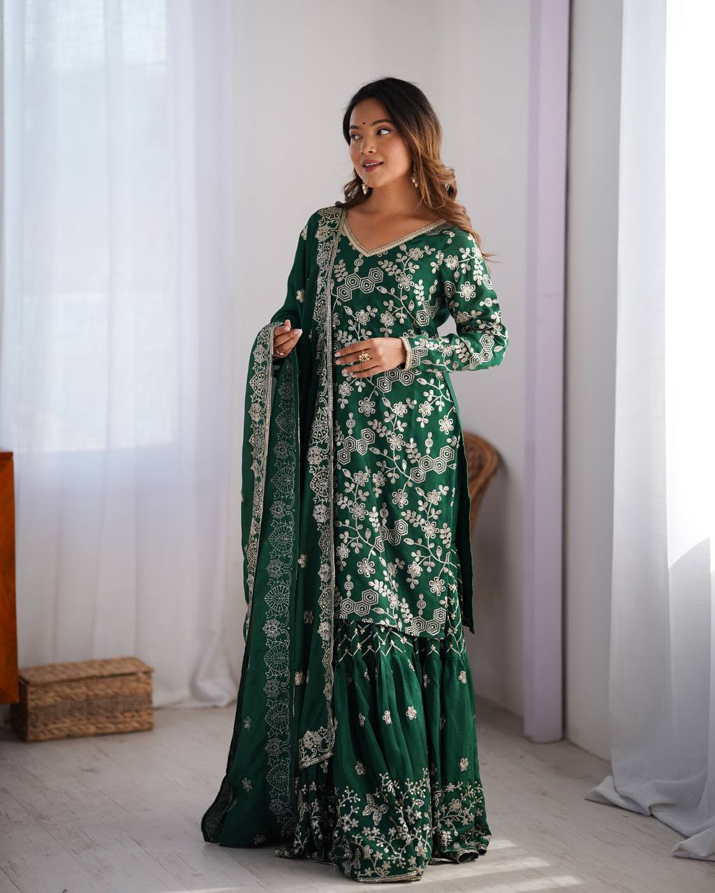 Stunning Chinon Silk with thread & Sequence work Sharara Suit Set
