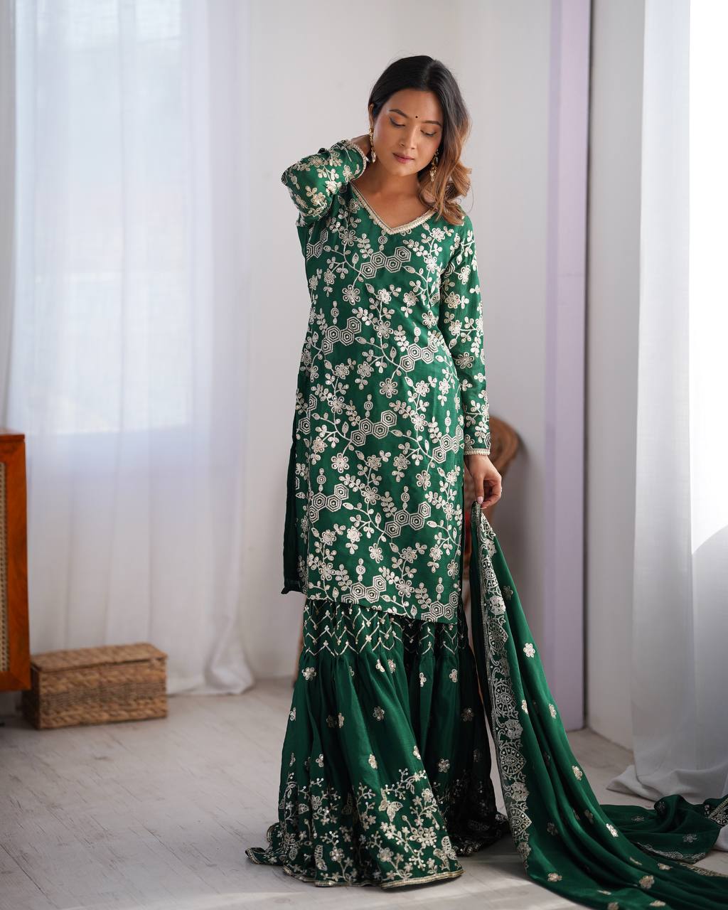 Stunning Chinon Silk with thread & Sequence work Sharara Suit Set
