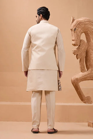 Tendy Beige Wedding Special Koti Kurta Set for Mens Wear