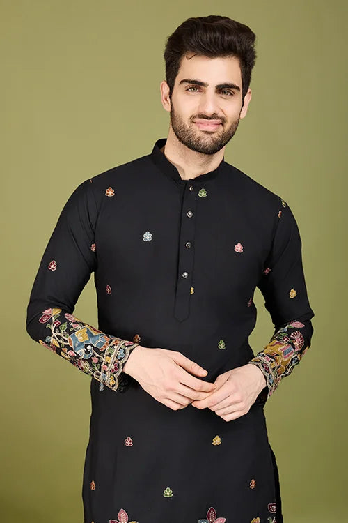 Black Color Cotton Embroidered Work Kurta for Men