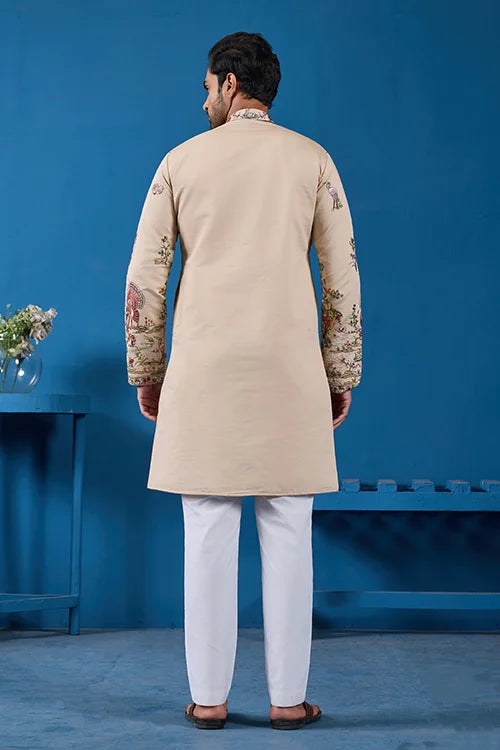 Perfect Festive Choice Beige Ethnic Kurta for Mens Wear