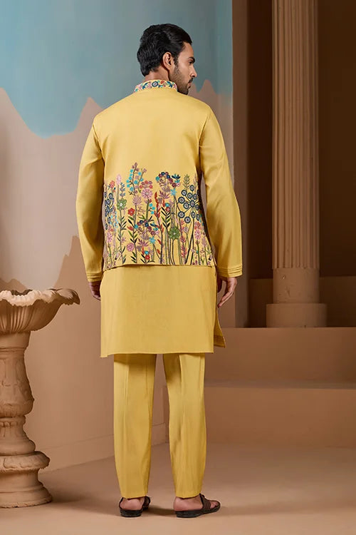 Haldi Ceremony Yellow Embroidered Koti Kurta Set for Mens