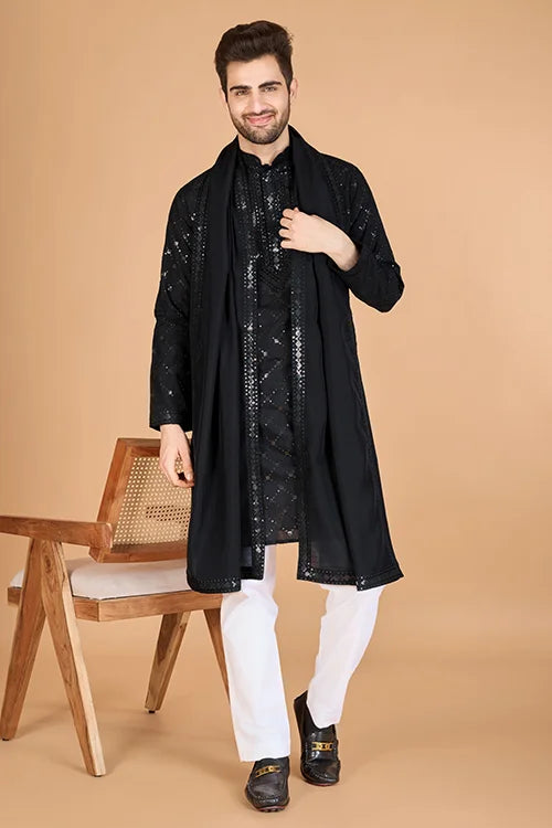 Black Color Kurta with Dupatta for Mens Wear