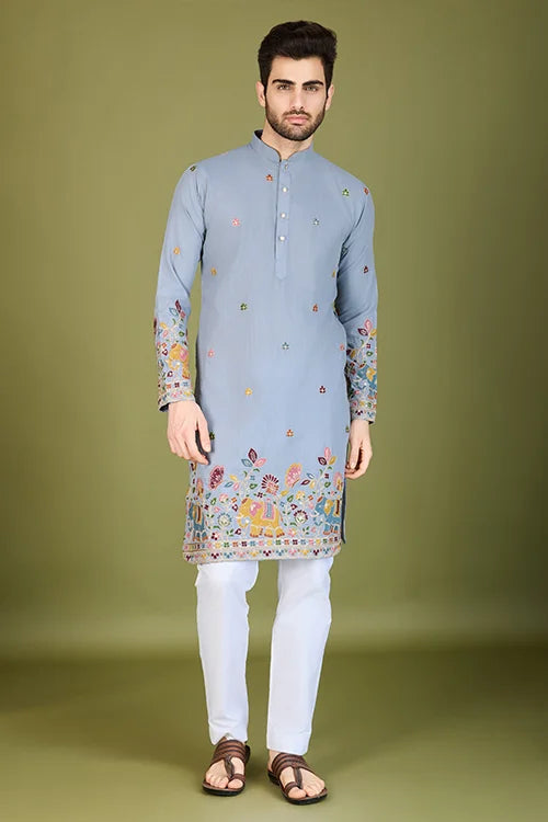 Sky Color Thread with Embroidered Cotton Gents Kurta